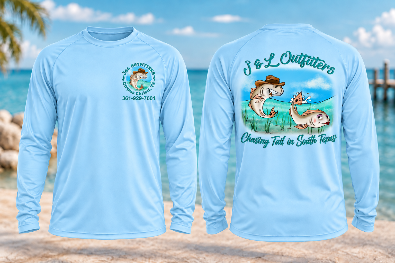 Light blue J and L Outfitters long-sleeve performance shirt, front and back