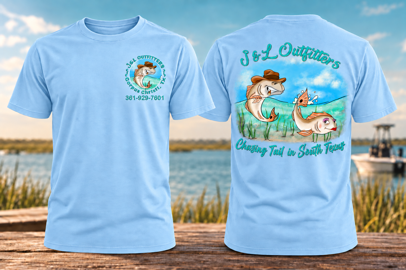 Light blue J and L Outfitters Chasing Tail T-shirt, front and back