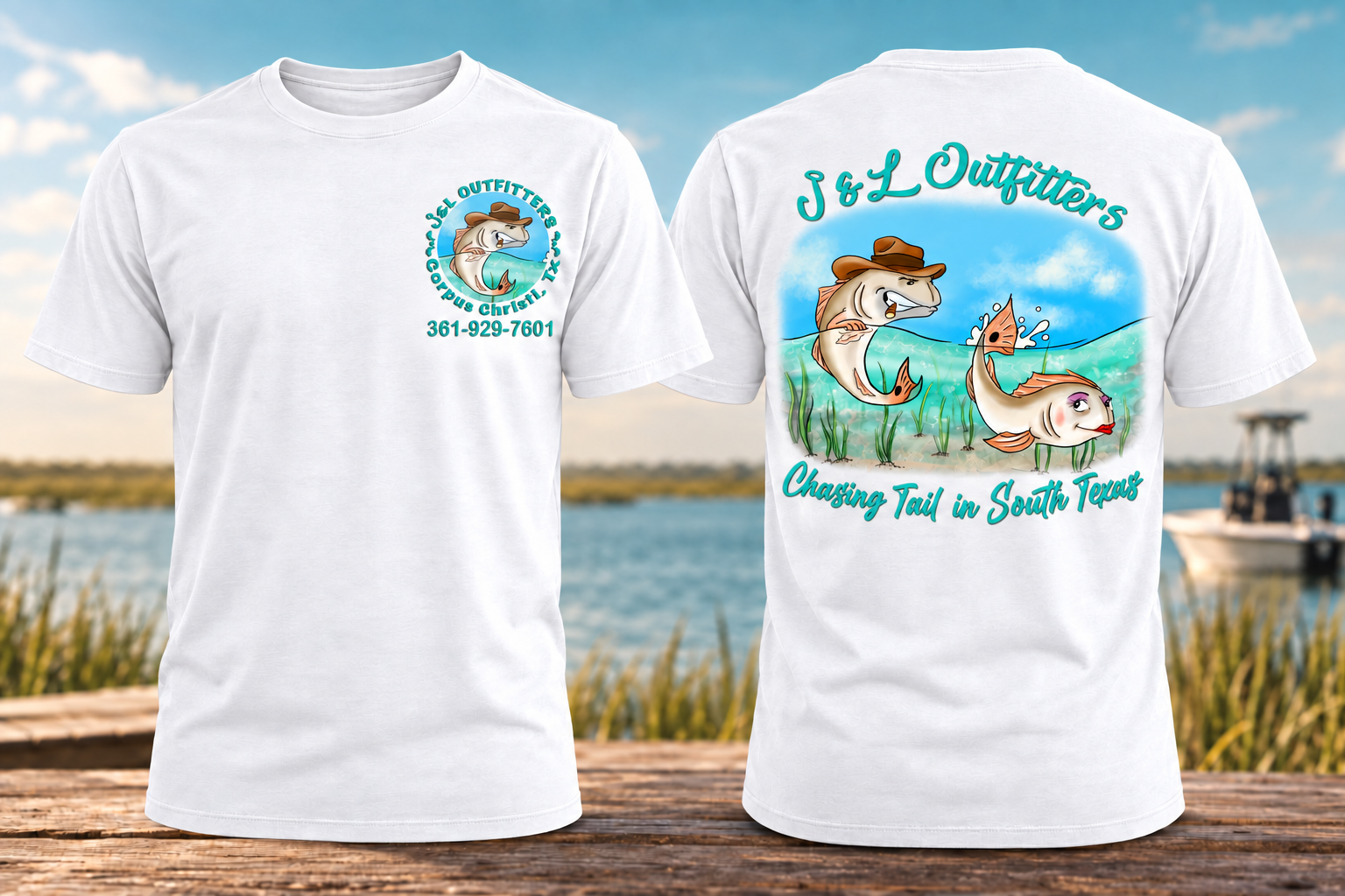 White J and L Outfitters Chasing Tail T-shirt, front and back