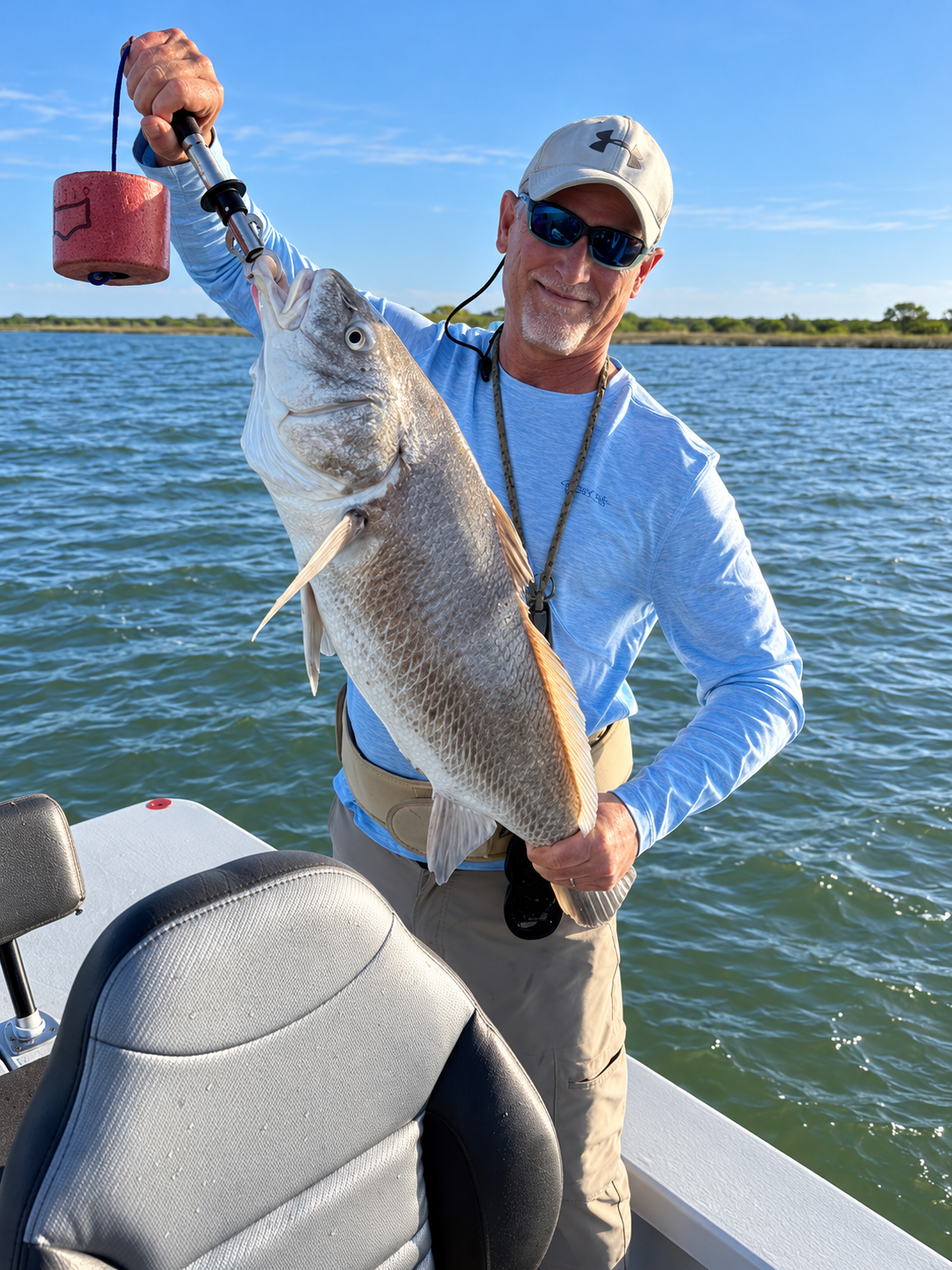 Capt. Jim holding a large black drum