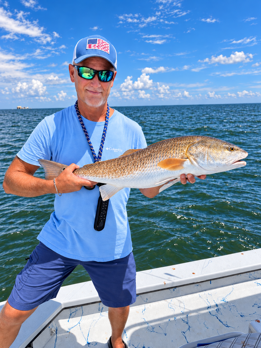 Capt. Jim holding a redfish on the bay