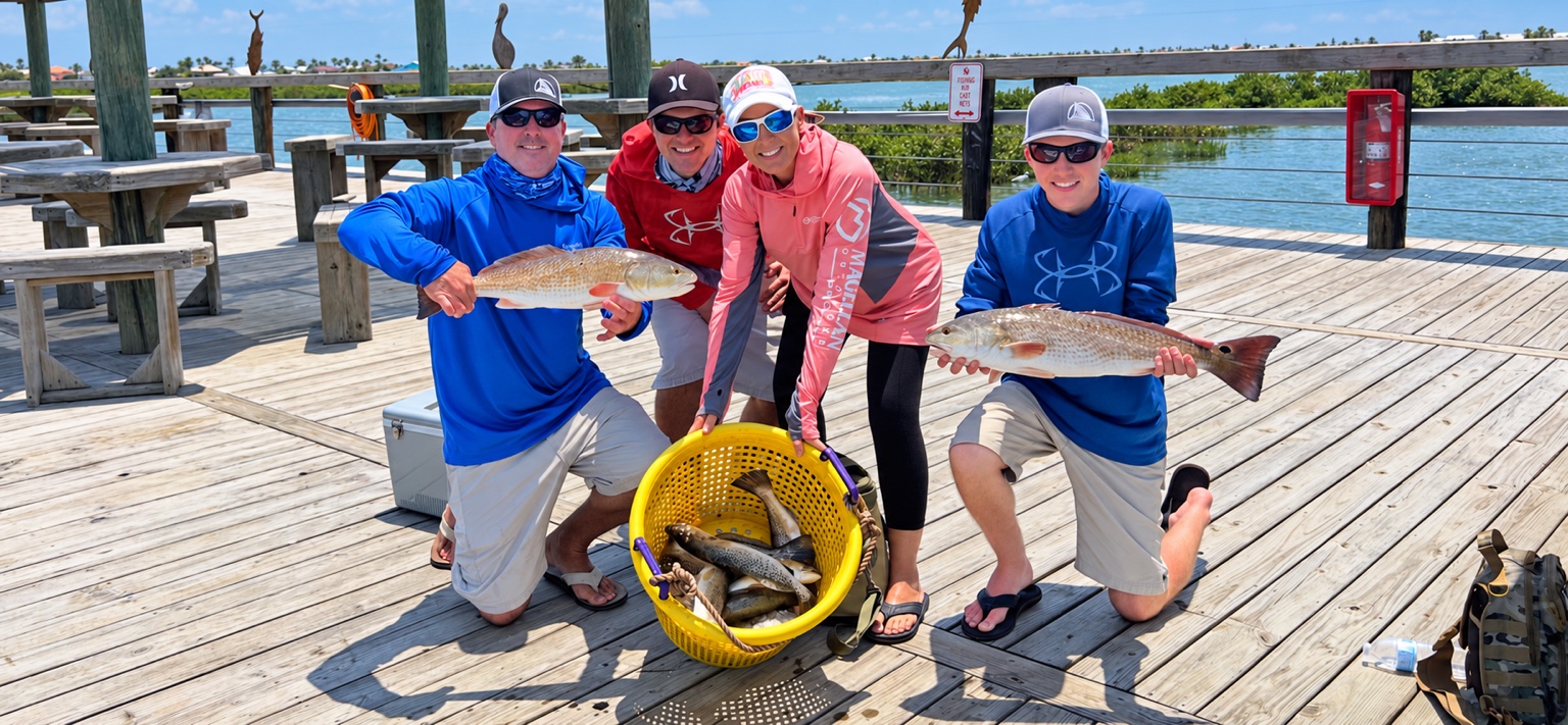 Four anglers at the marina with redfish and a basket of fish