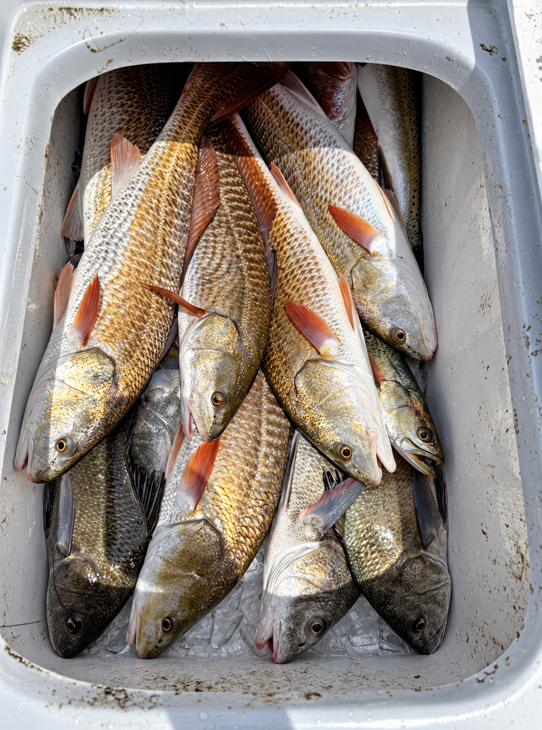 Livewell filled with redfish and black drum