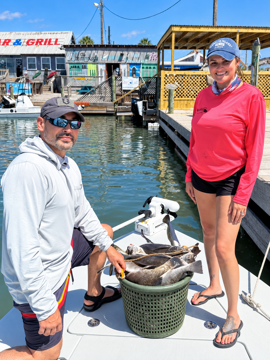 Two anglers with a basket of fish