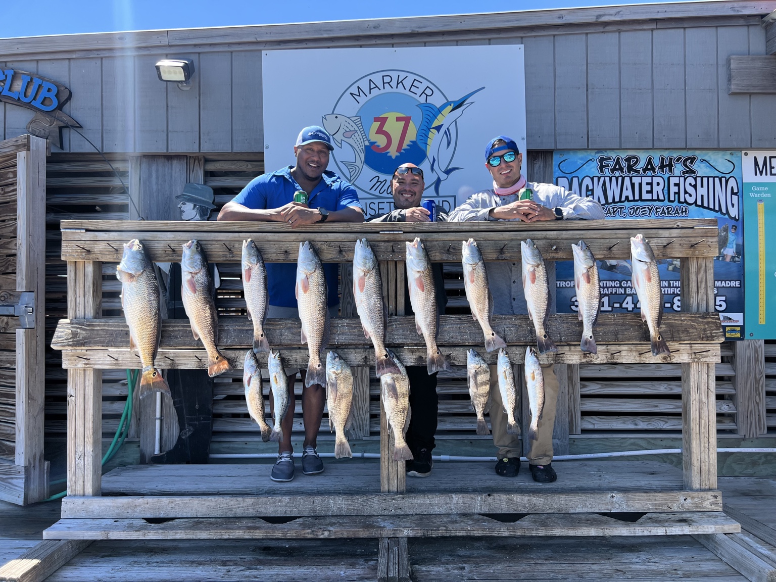Three anglers behind a full rack of redfish and speckled trout at Marker 37