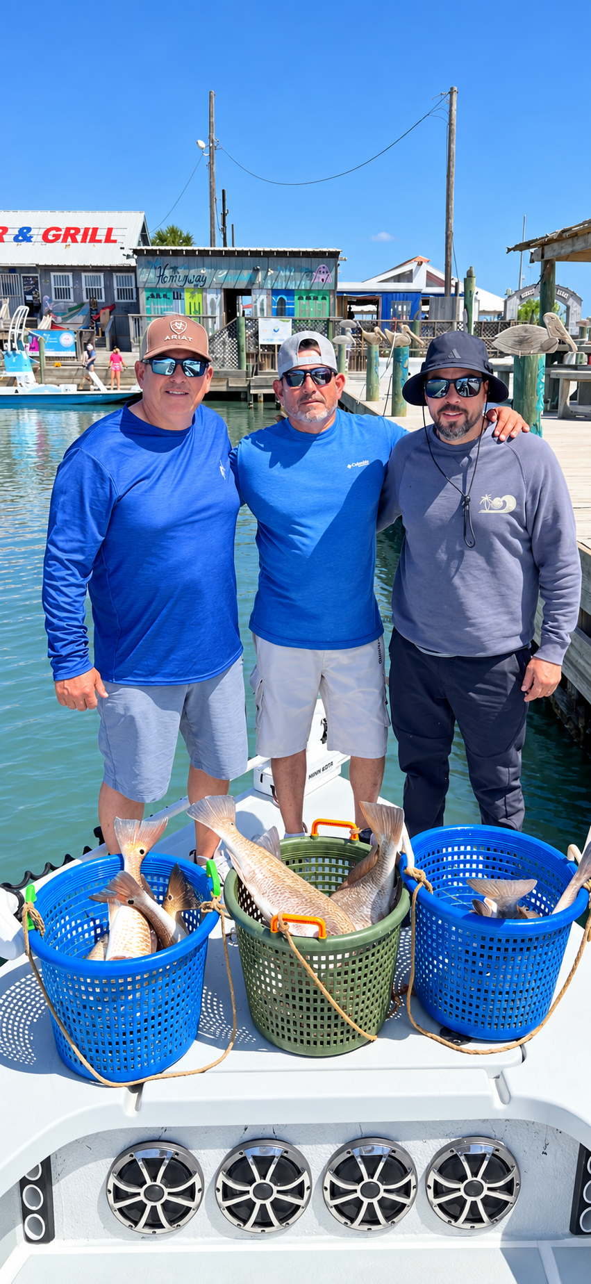 Three men with baskets of fish on the boat