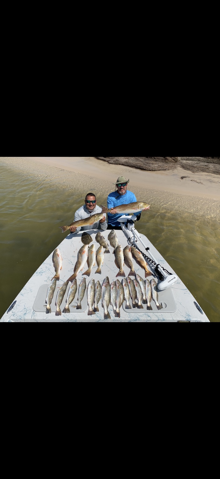 Two anglers on the bow with redfish, black drum, and speckled trout