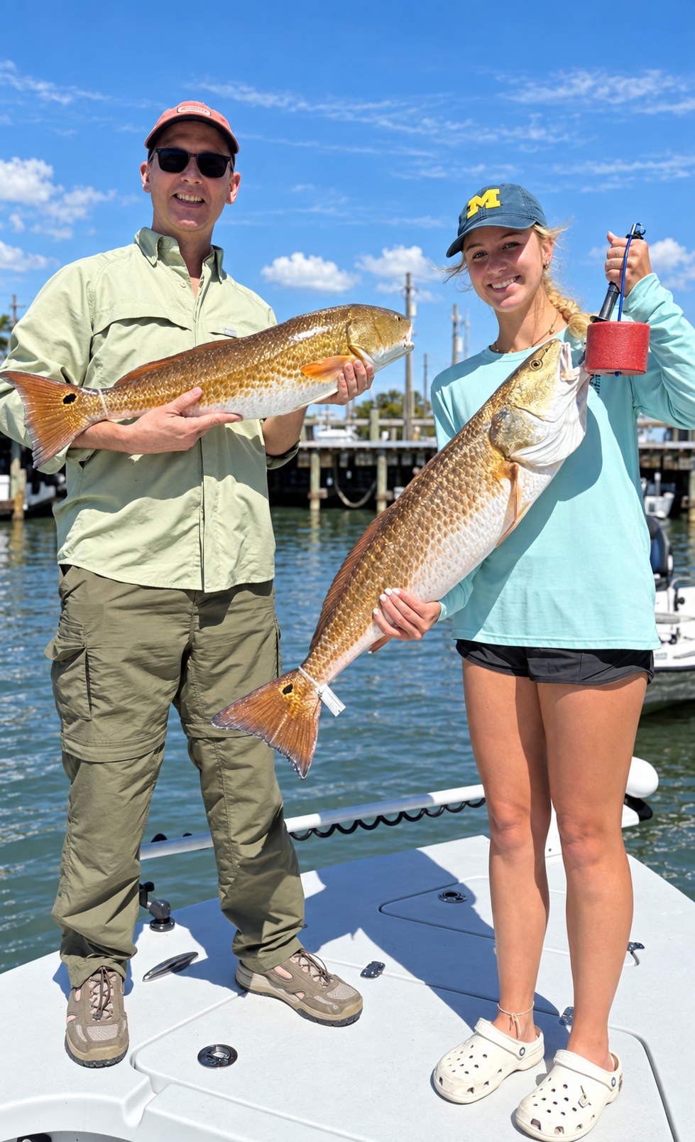 Anglers holding two large redfish